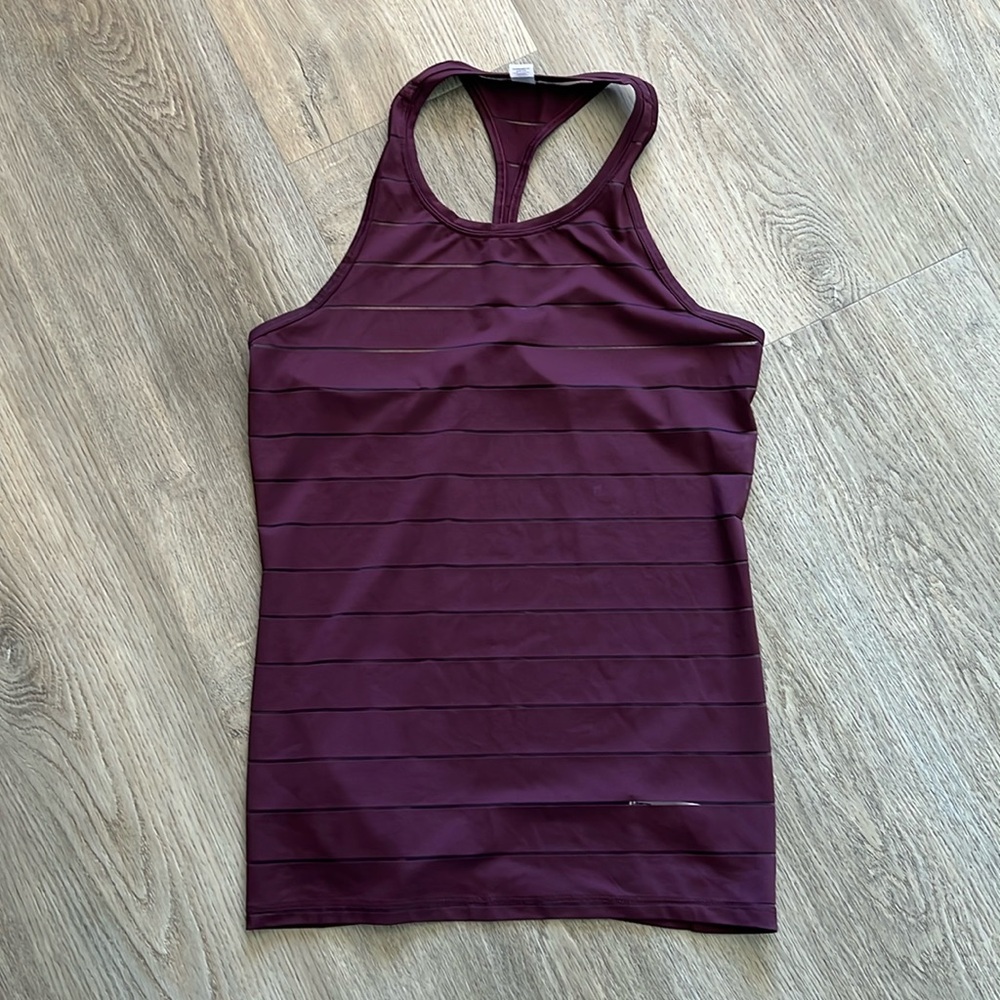Athleta Stripe Mesh High Neck Chi Tank, antique burgundy, size small